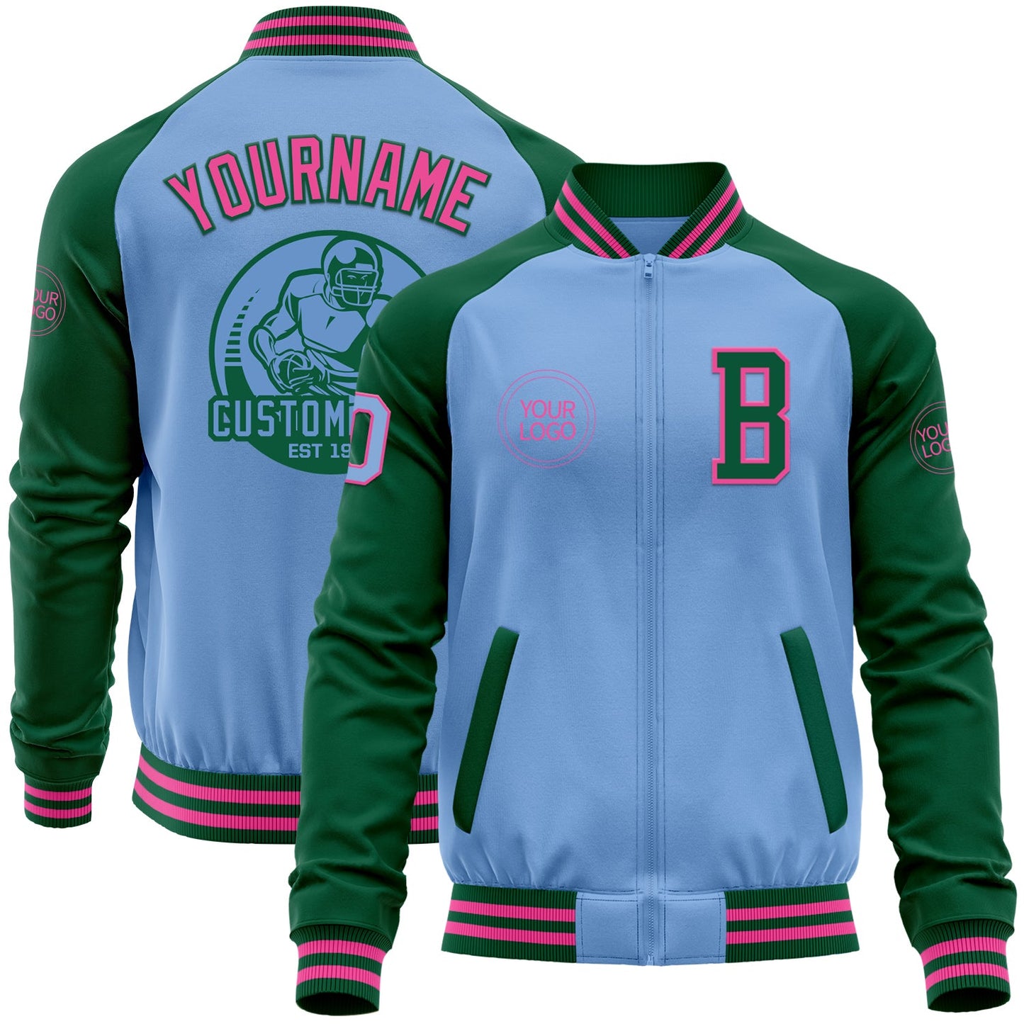 Custom Light Blue Pink-Kelly Green Bomber Varsity Letterman Two Tone Zipper Jacket - Main View