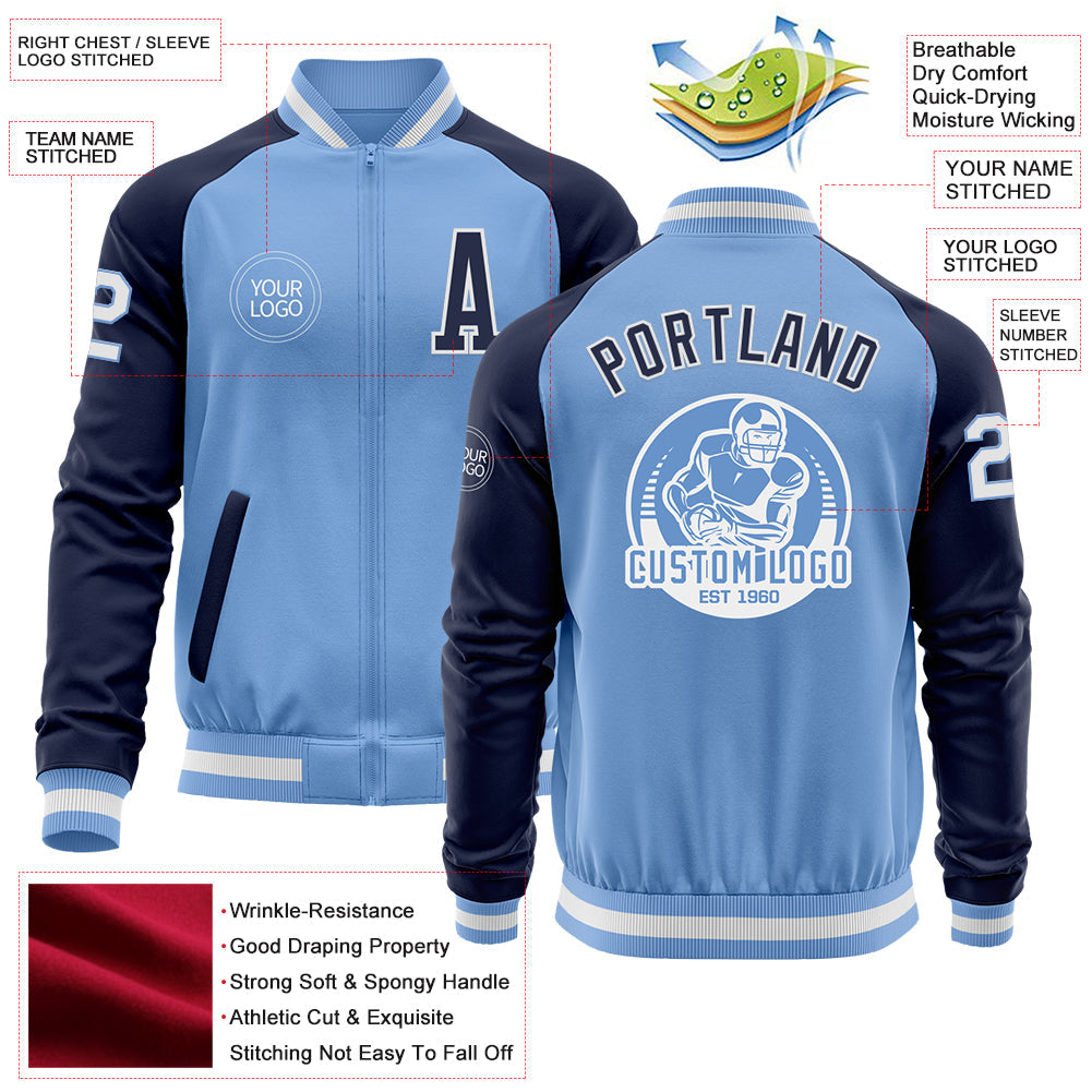 Custom Light Blue White-Navy Bomber Varsity Letterman Two Tone Zipper Jacket view 4