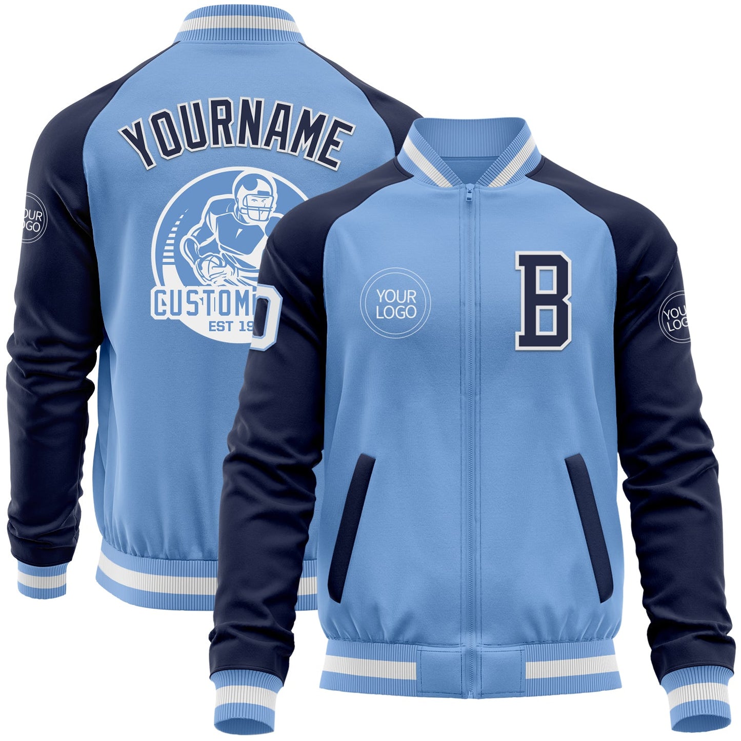 Custom Light Blue White-Navy Bomber Varsity Letterman Two Tone Zipper Jacket - Main View