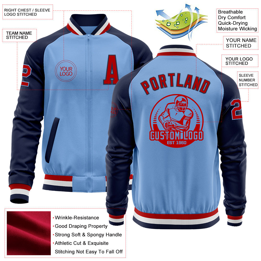 Custom Light Blue Red-Navy Bomber Varsity Letterman Two Tone Zipper Jacket view 4