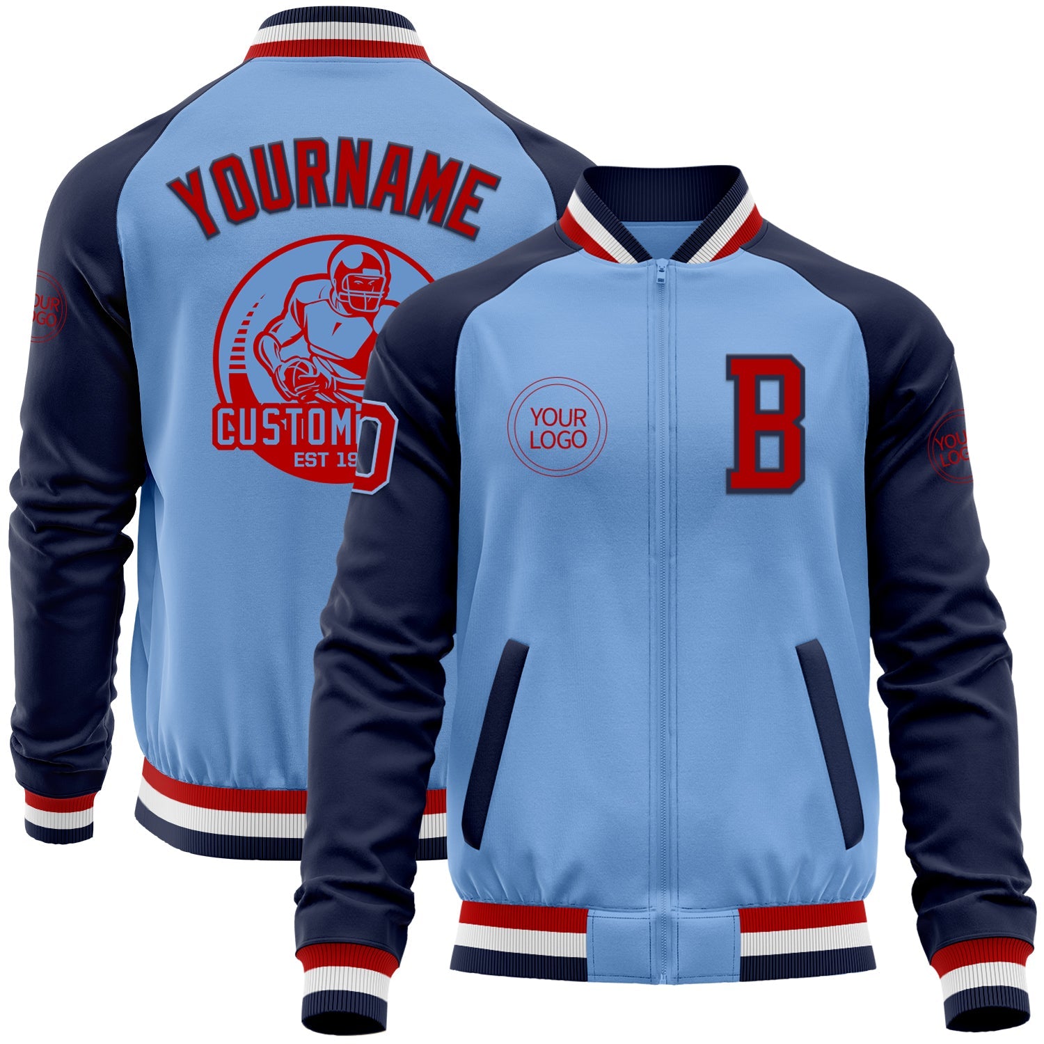 Custom Light Blue Red-Navy Bomber Varsity Letterman Two Tone Zipper Jacket - Main View