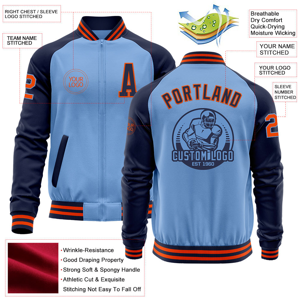 Custom Light Blue Orange-Navy Bomber Varsity Letterman Two Tone Zipper Jacket view 4