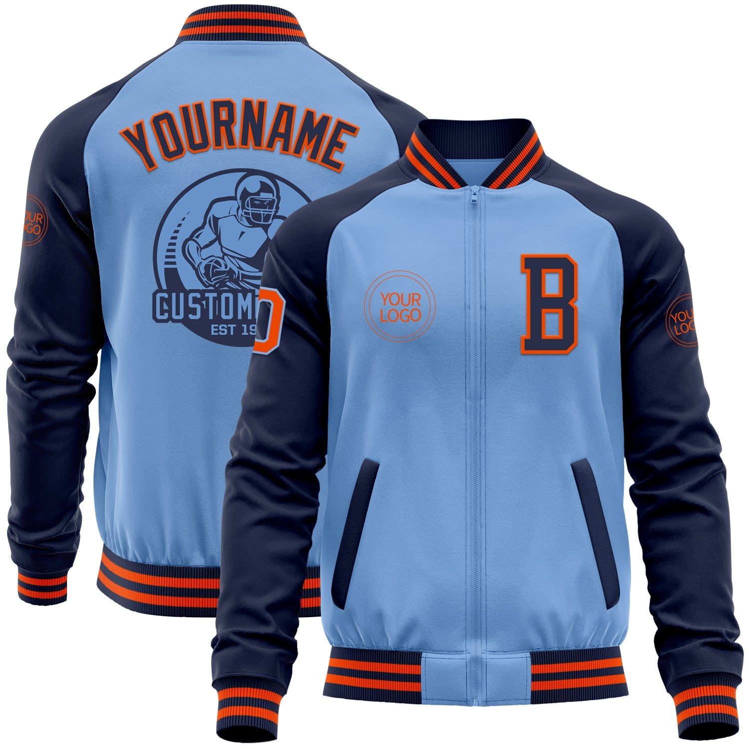 Custom Light Blue Orange-Navy Bomber Varsity Letterman Two Tone Zipper Jacket - Main View