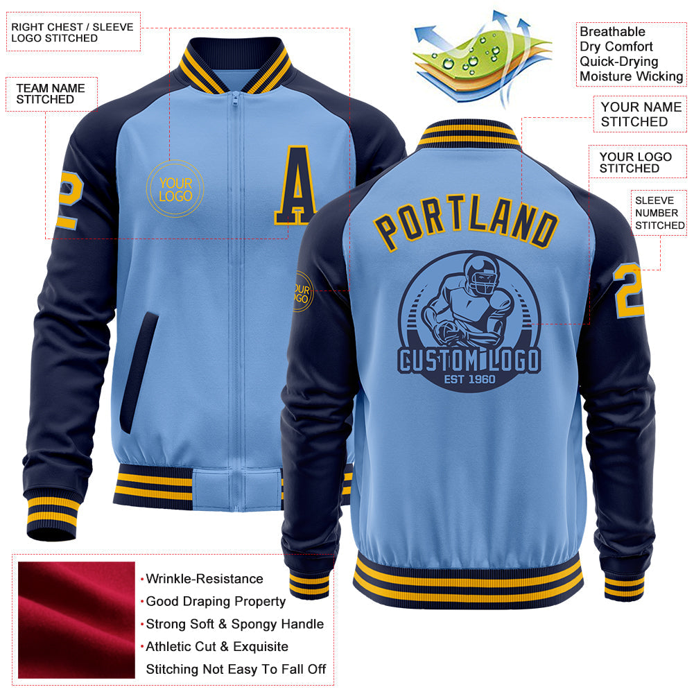 Custom Light Blue Gold-Navy Bomber Varsity Letterman Two Tone Zipper Jacket view 4