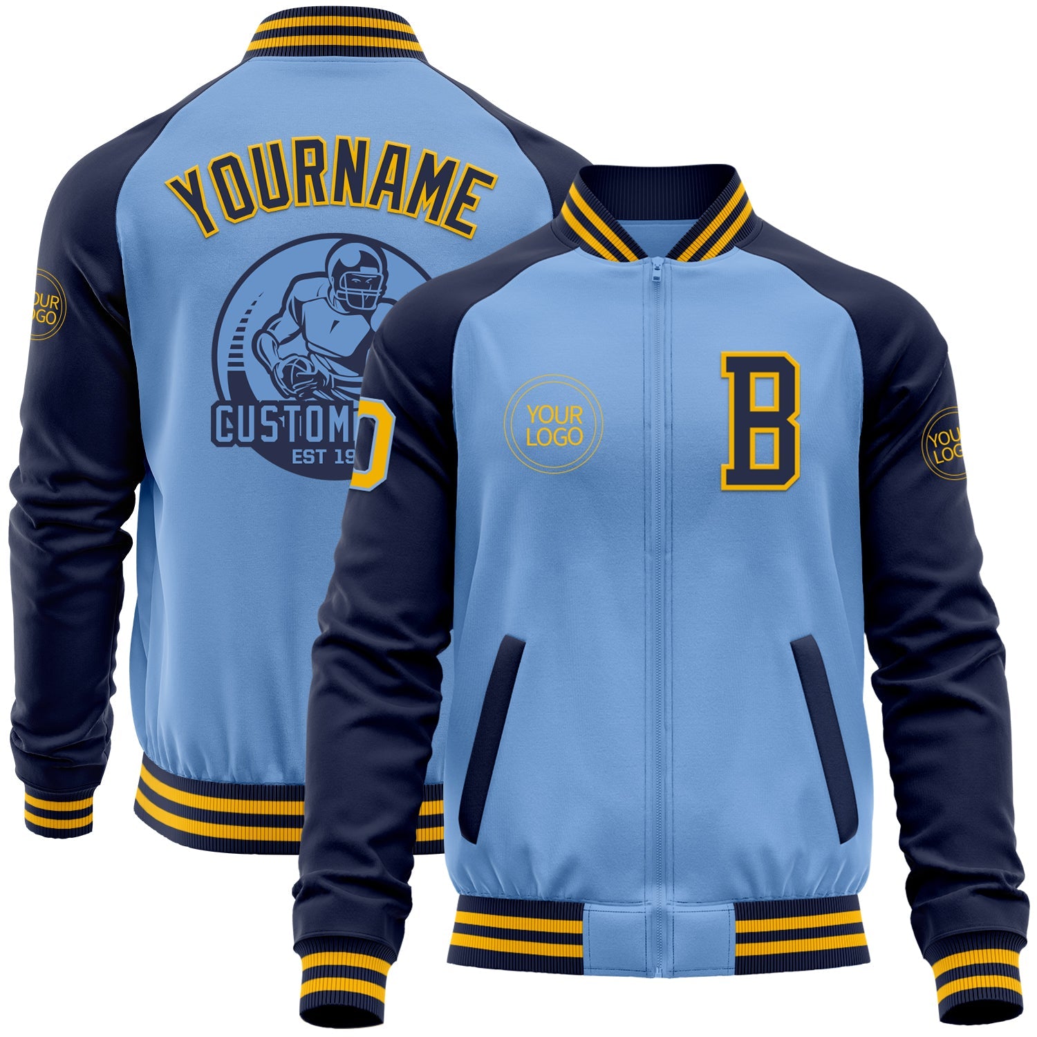 Custom Light Blue Gold-Navy Bomber Varsity Letterman Two Tone Zipper Jacket - Main View