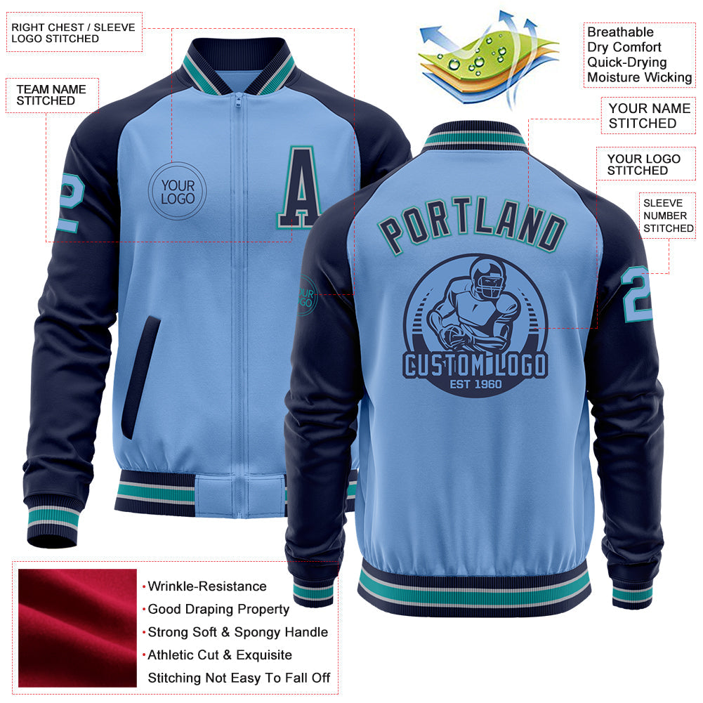 Custom Light Blue Teal Navy-Gray Bomber Varsity Letterman Two Tone Zipper Jacket view 4