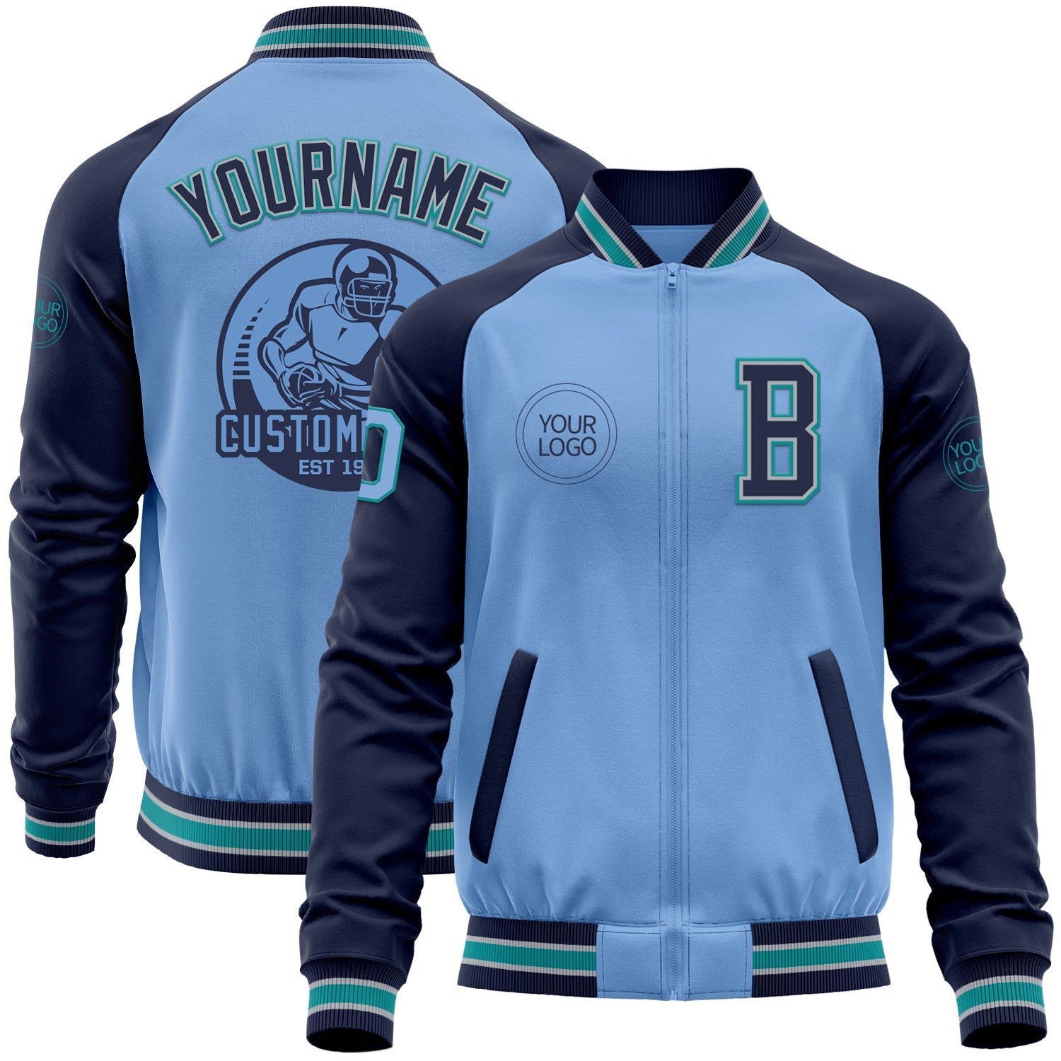 Custom Light Blue Teal Navy-Gray Bomber Varsity Letterman Two Tone Zipper Jacket - Main View