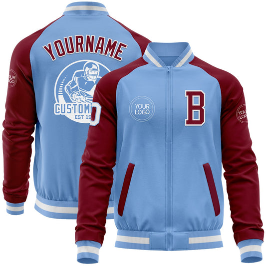 Custom Light Blue White-Crimson Bomber Varsity Letterman Two Tone Zipper Jacket - Main View