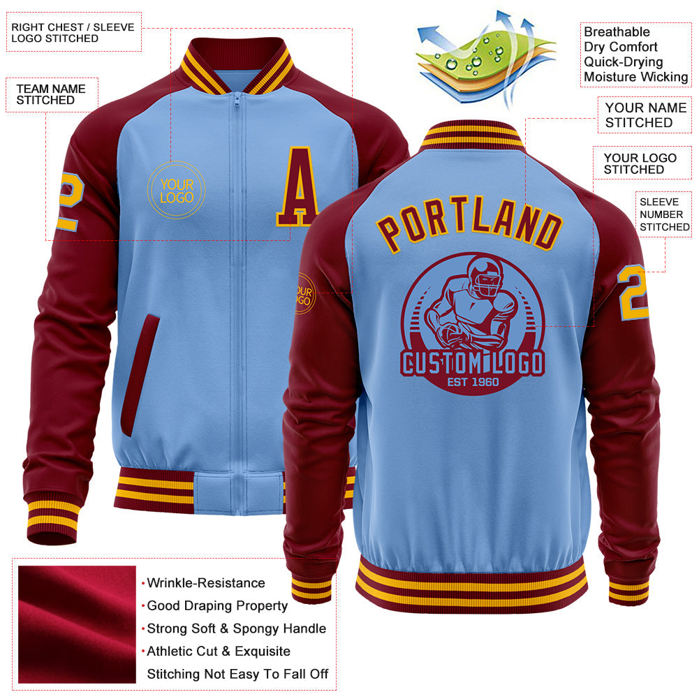 Custom Light Blue Gold-Crimson Bomber Varsity Letterman Two Tone Zipper Jacket view 4
