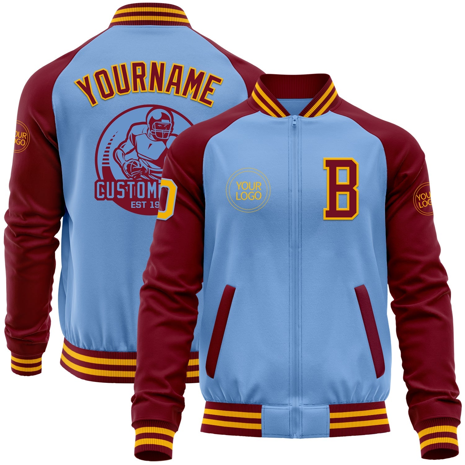 Custom Light Blue Gold-Crimson Bomber Varsity Letterman Two Tone Zipper Jacket - Main View