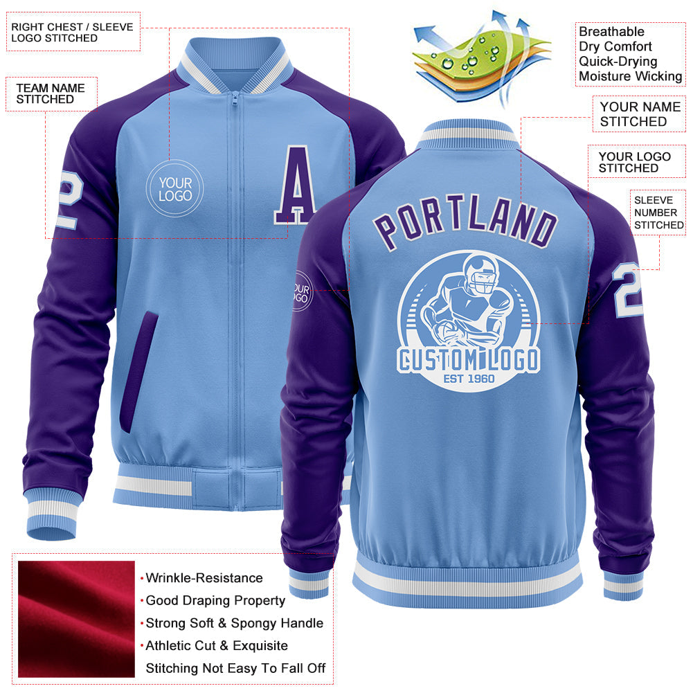 Custom Light Blue White-Purple Bomber Varsity Letterman Two Tone Zipper Jacket view 4