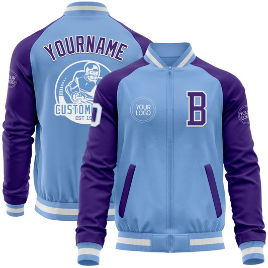 Custom Light Blue White-Purple Bomber Varsity Letterman Two Tone Zipper Jacket - Main View