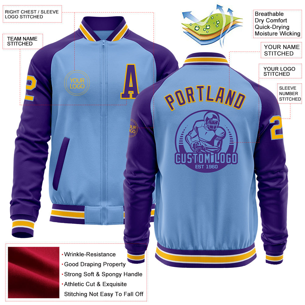 Custom Light Blue Gold-Purple Bomber Varsity Letterman Two Tone Zipper Jacket view 4