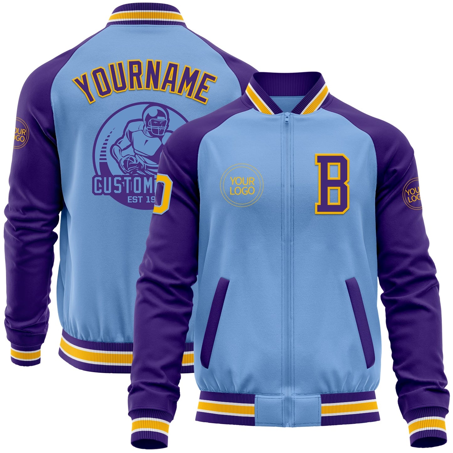 Custom Light Blue Gold-Purple Bomber Varsity Letterman Two Tone Zipper Jacket - Main View