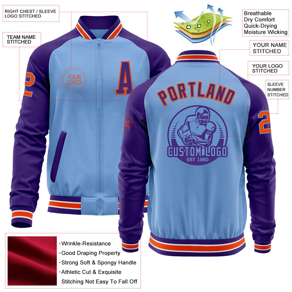 Custom Light Blue Orange-Purple Bomber Varsity Letterman Two Tone Zipper Jacket view 4