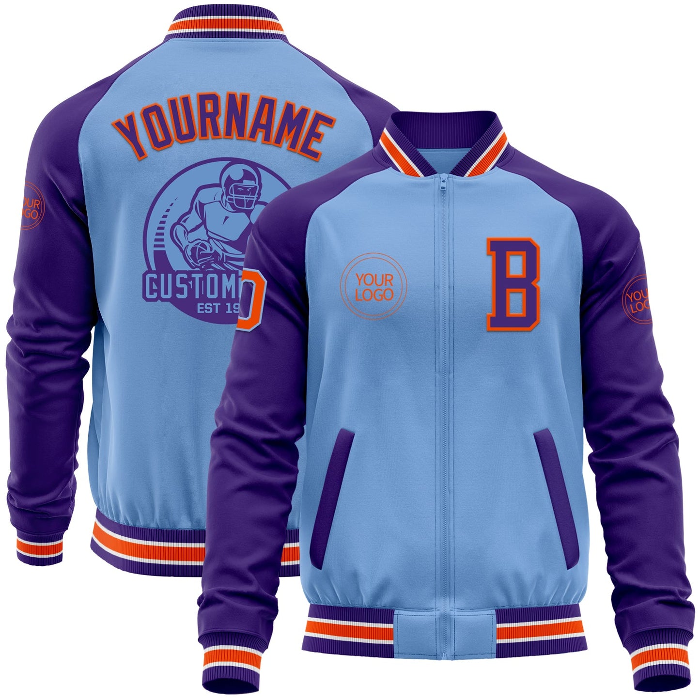 Custom Light Blue Orange-Purple Bomber Varsity Letterman Two Tone Zipper Jacket - Main View