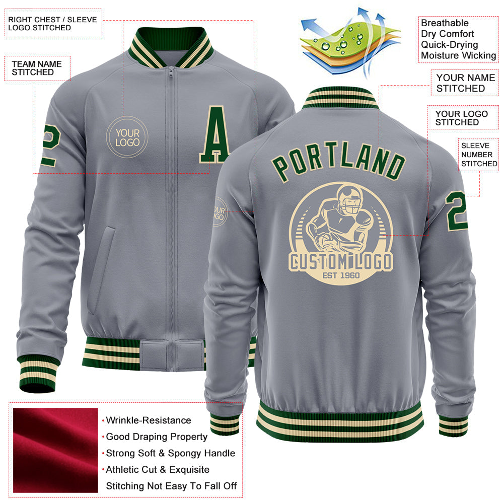 Custom Gray Green-Cream Bomber Varsity Letterman Zipper Jacket view 4