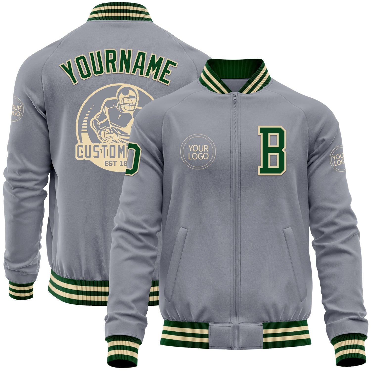 Custom Gray Green-Cream Bomber Varsity Letterman Zipper Jacket - Main View