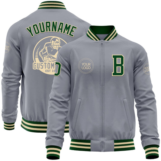 Custom Gray Green-Cream Bomber Varsity Letterman Zipper Jacket - Main View