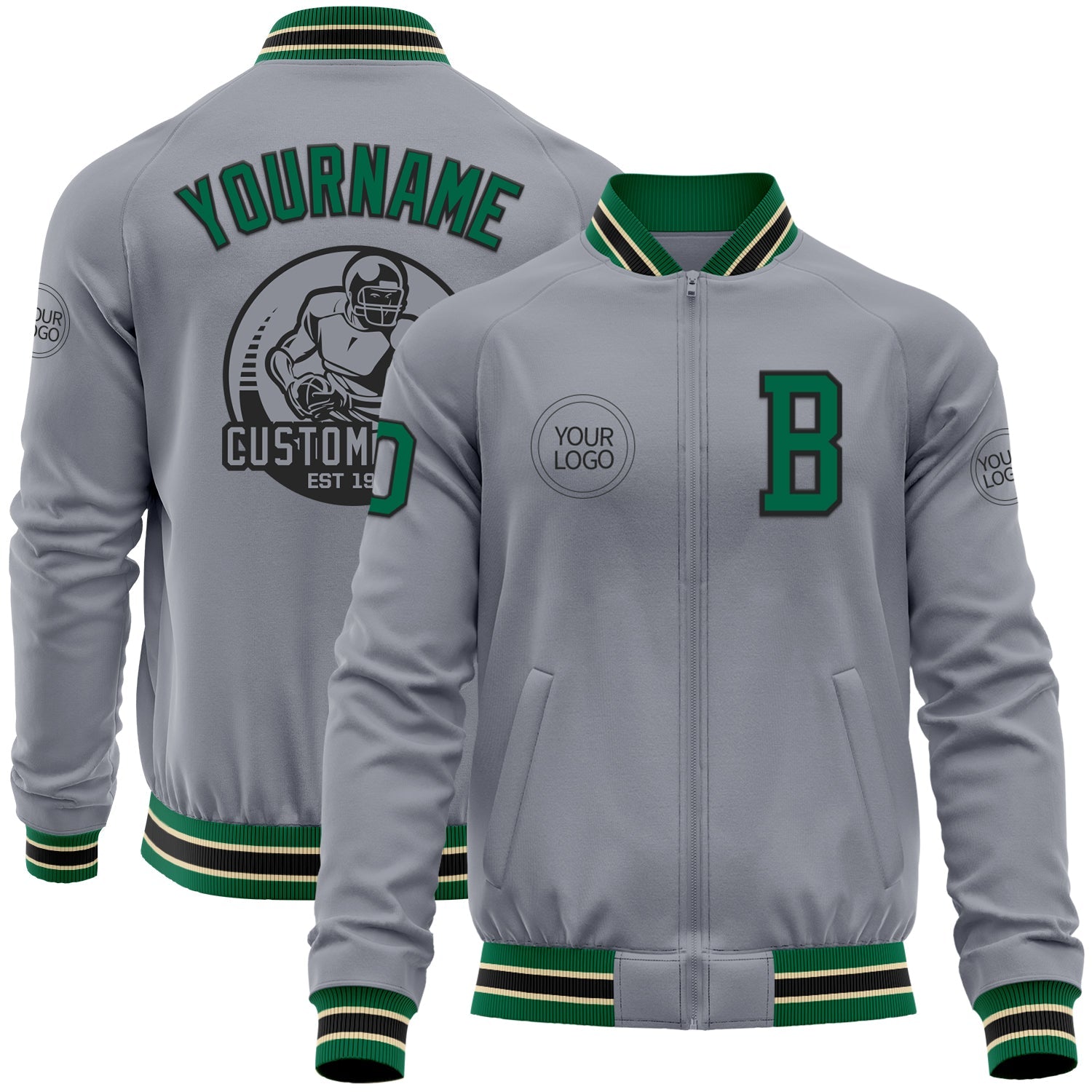 Custom Gray Kelly Green Black-Cream Bomber Varsity Letterman Zipper Jacket - Main View