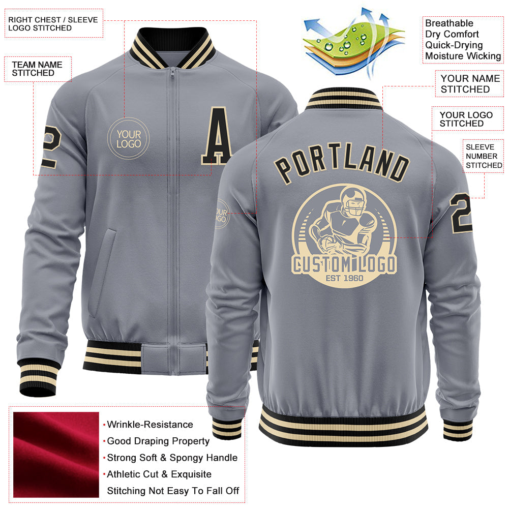 Custom Gray Black-Cream Bomber Varsity Letterman Zipper Jacket view 4