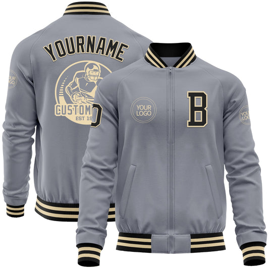 Custom Gray Black-Cream Bomber Varsity Letterman Zipper Jacket - Main View