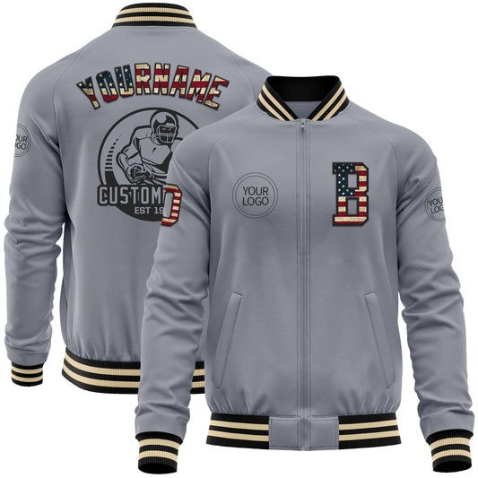 Custom Gray Vintage USA Flag Black-Cream Bomber Varsity Letterman Zipper Jacket - Main View