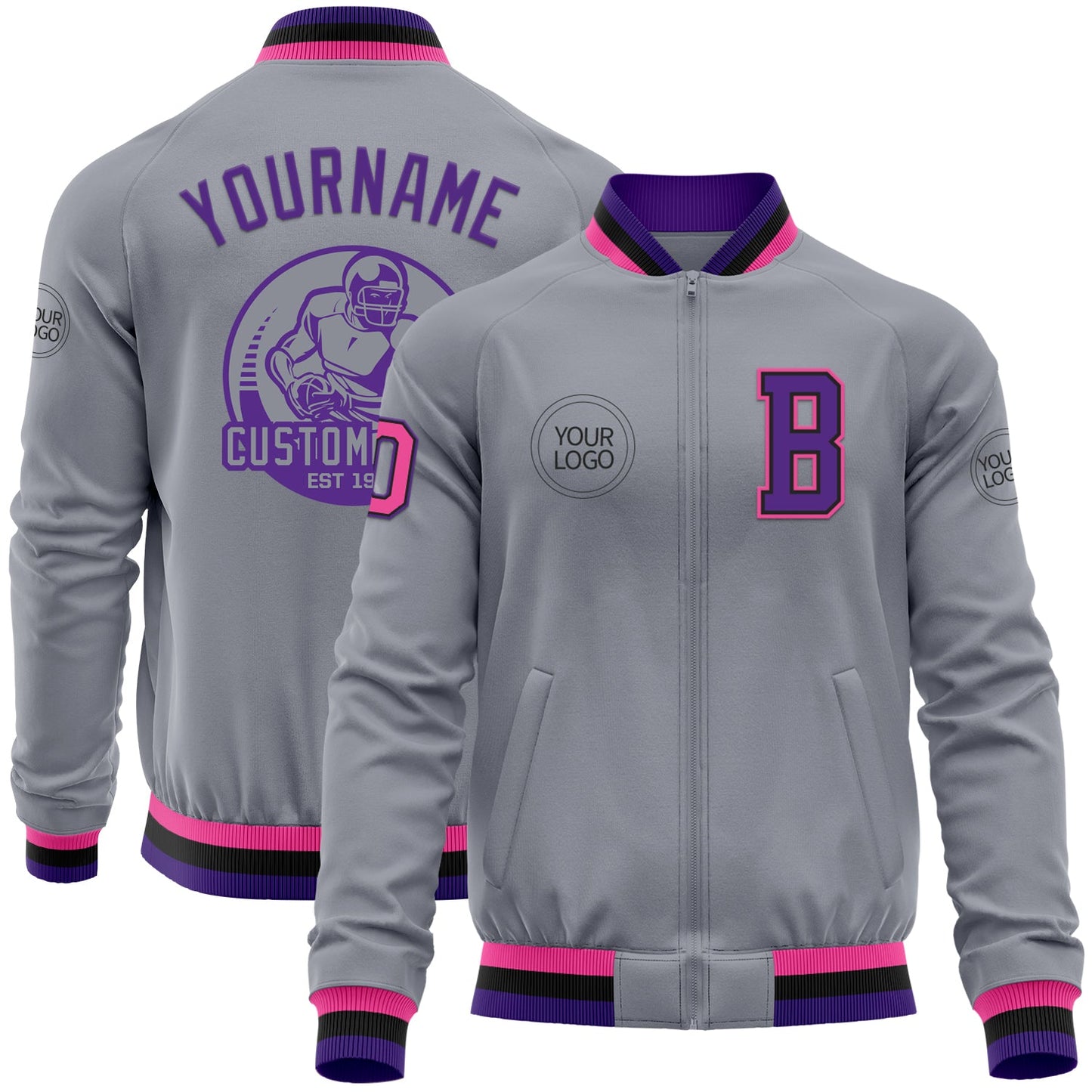Custom Gray Pink Black-Purple Bomber Varsity Letterman Zipper Jacket - Main View