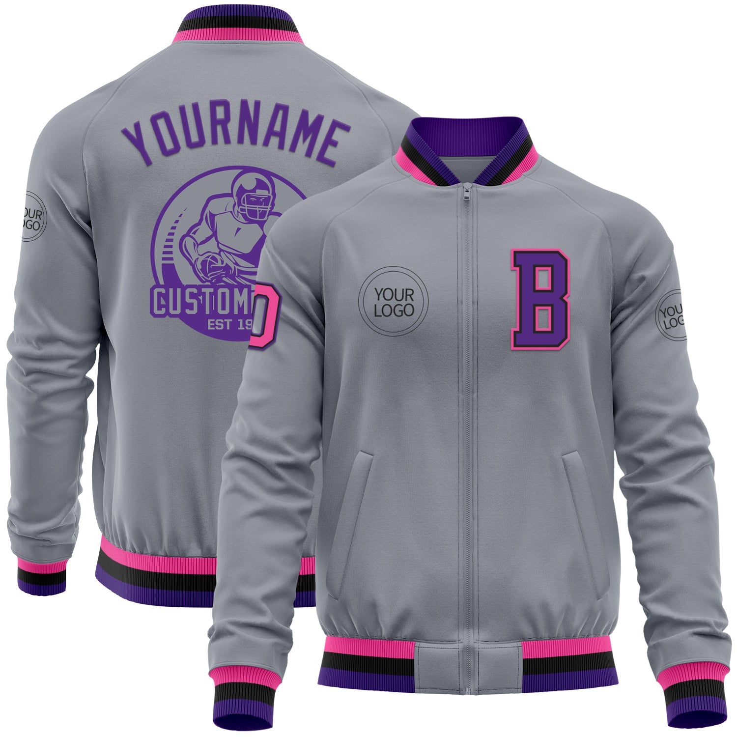Custom Gray Pink Black-Purple Bomber Varsity Letterman Zipper Jacket - Main View