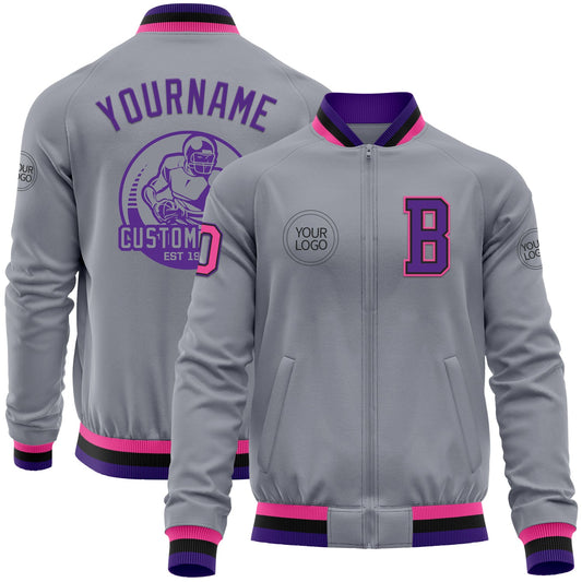 Custom Gray Pink Black-Purple Bomber Varsity Letterman Zipper Jacket - Main View