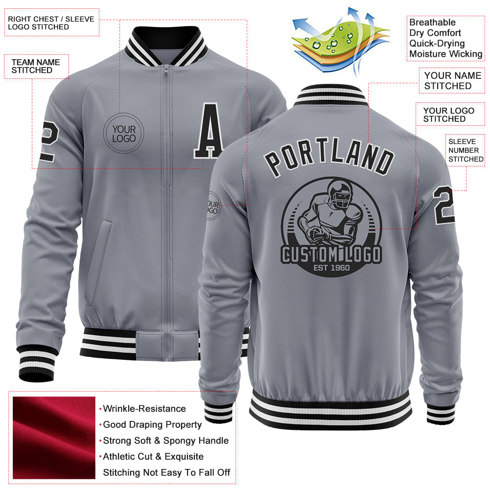Custom Gray Black-White Bomber Varsity Letterman Zipper Jacket view 4