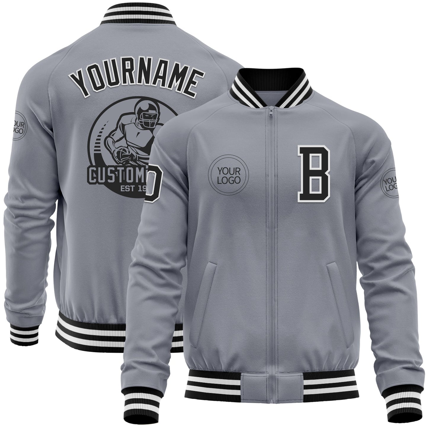 Custom Gray Black-White Bomber Varsity Letterman Zipper Jacket - Main View