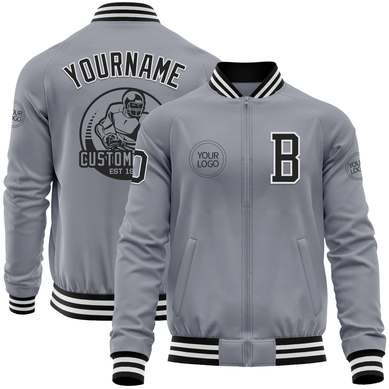 Custom Gray Black-White Bomber Varsity Letterman Zipper Jacket - Main View