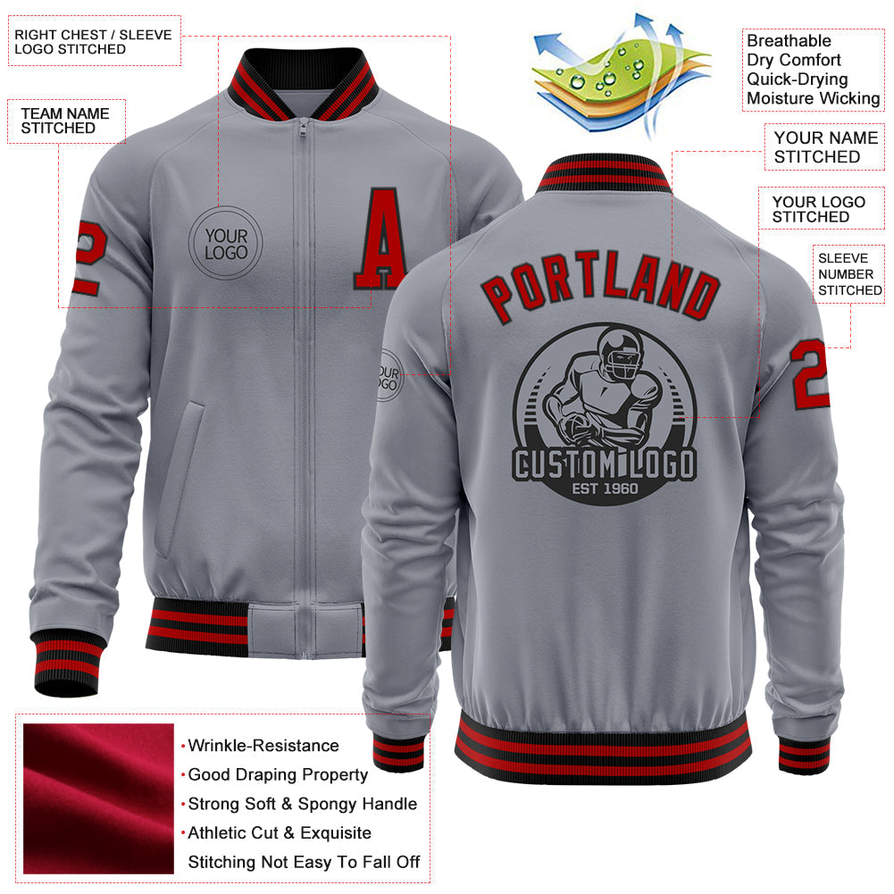 Custom Gray Red-Black Bomber Varsity Letterman Zipper Jacket view 4