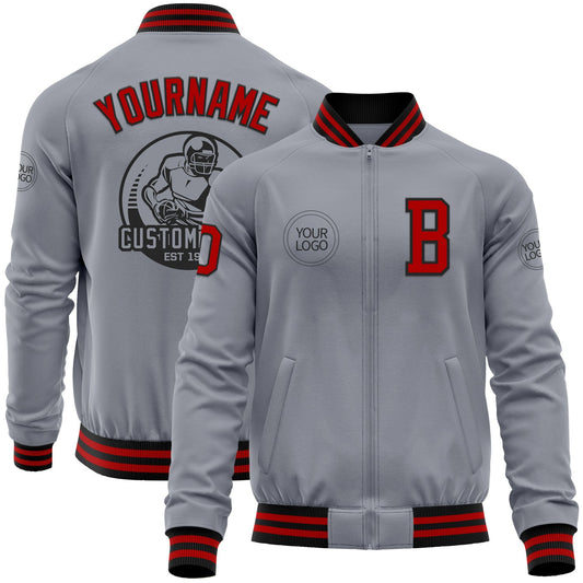 Custom Gray Red-Black Bomber Varsity Letterman Zipper Jacket - Main View