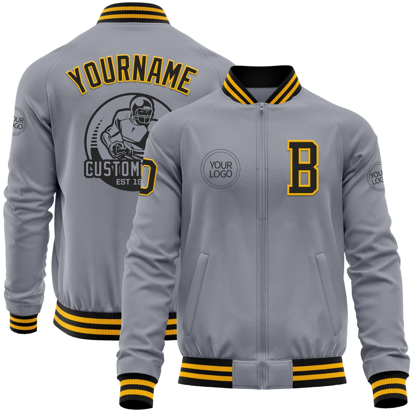 Custom Gray Black-Gold Bomber Varsity Letterman Zipper Jacket - Main View