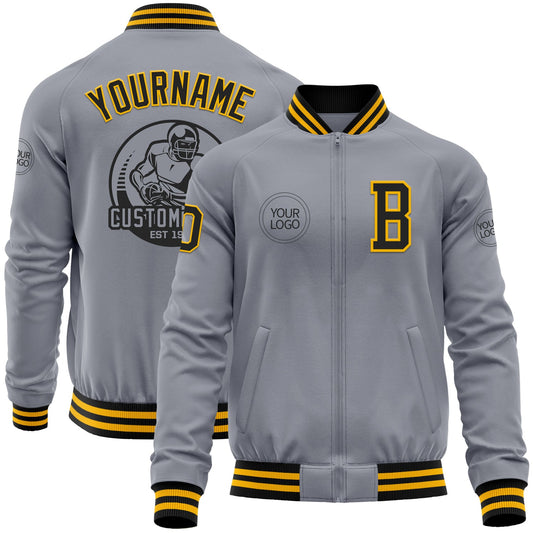 Custom Gray Black-Gold Bomber Varsity Letterman Zipper Jacket - Main View