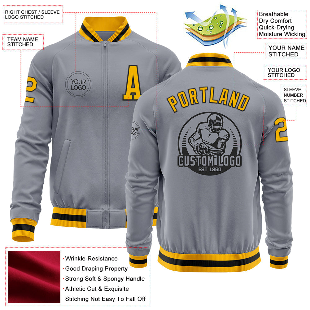 Custom Gray Gold-Black Bomber Varsity Letterman Zipper Jacket view 4
