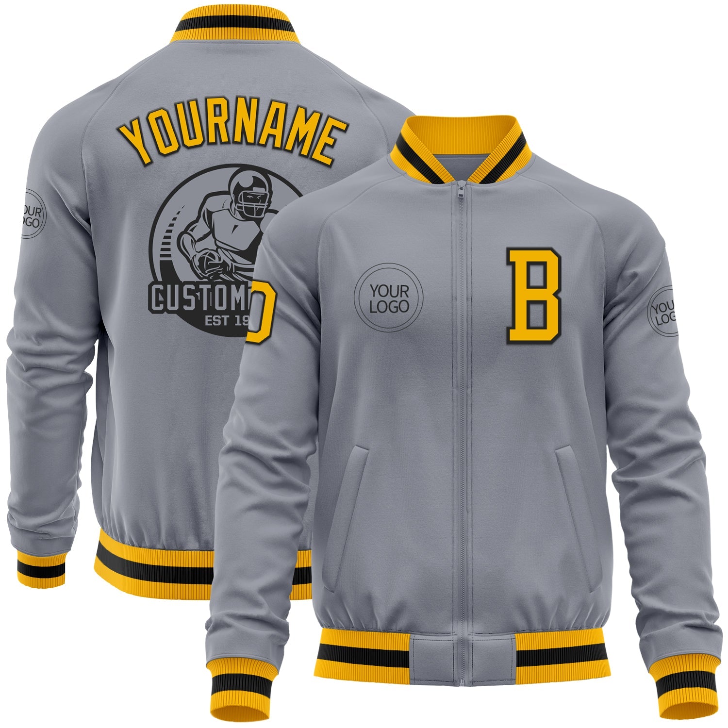 Custom Gray Gold-Black Bomber Varsity Letterman Zipper Jacket - Main View