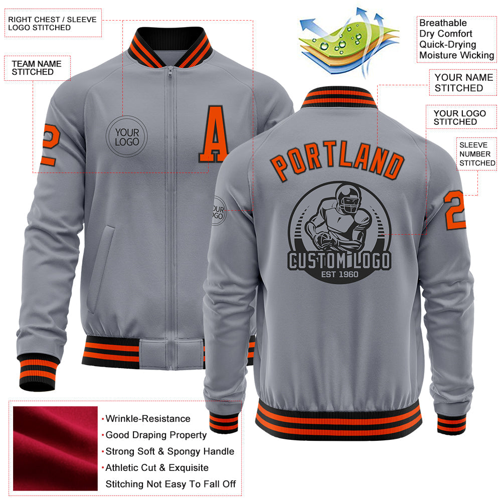 Custom Gray Orange-Black Bomber Varsity Letterman Zipper Jacket view 4