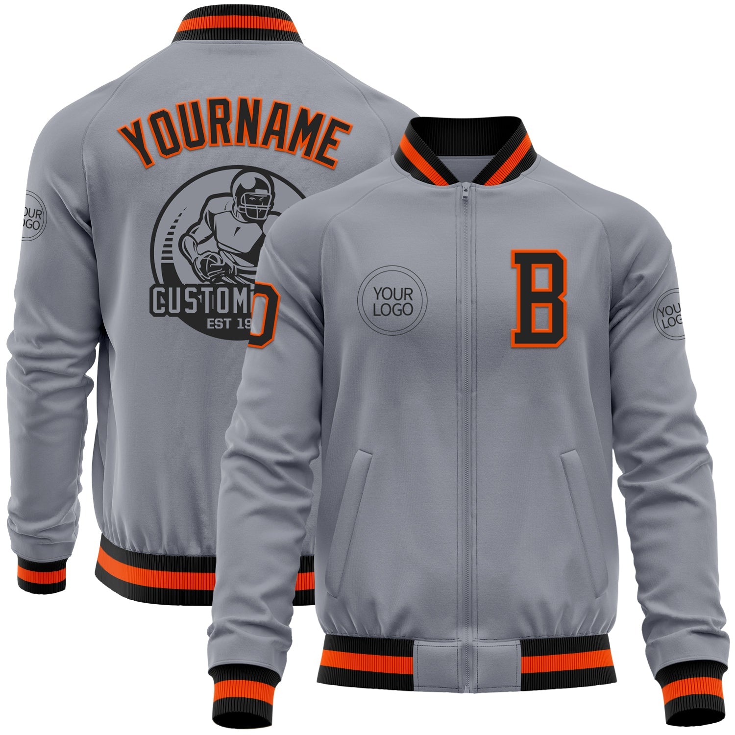 Custom Gray Black-Orange Bomber Varsity Letterman Zipper Jacket - Main View