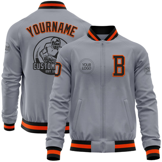 Custom Gray Black-Orange Bomber Varsity Letterman Zipper Jacket - Main View
