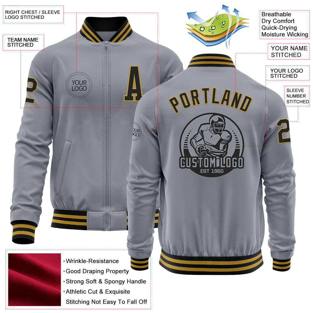Custom Gray Black-Old Gold Bomber Varsity Letterman Zipper Jacket view 4
