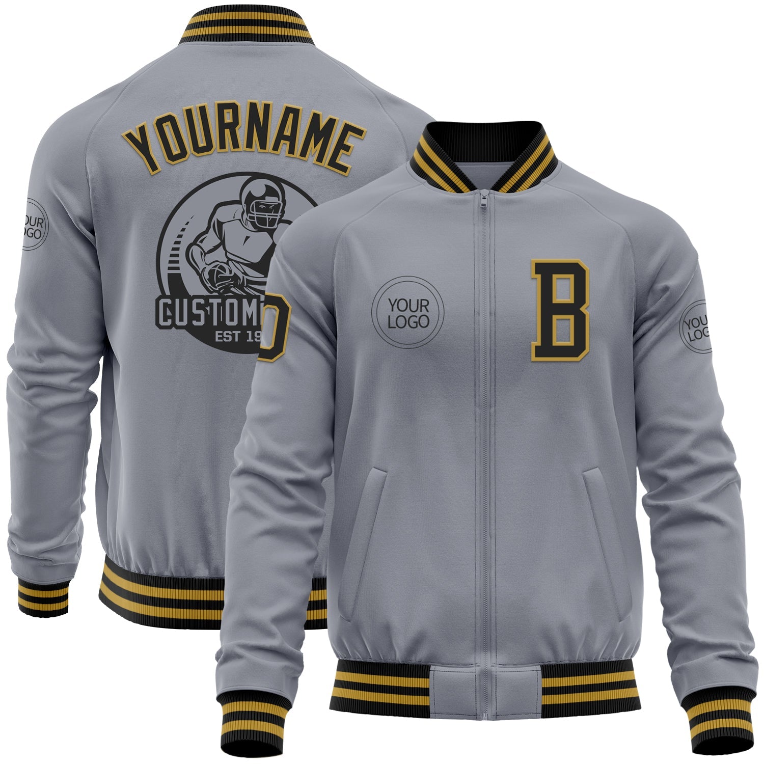 Custom Gray Black-Old Gold Bomber Varsity Letterman Zipper Jacket - Main View