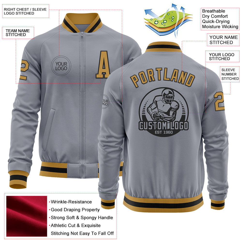 Custom Gray Old Gold-Black Bomber Varsity Letterman Zipper Jacket view 4