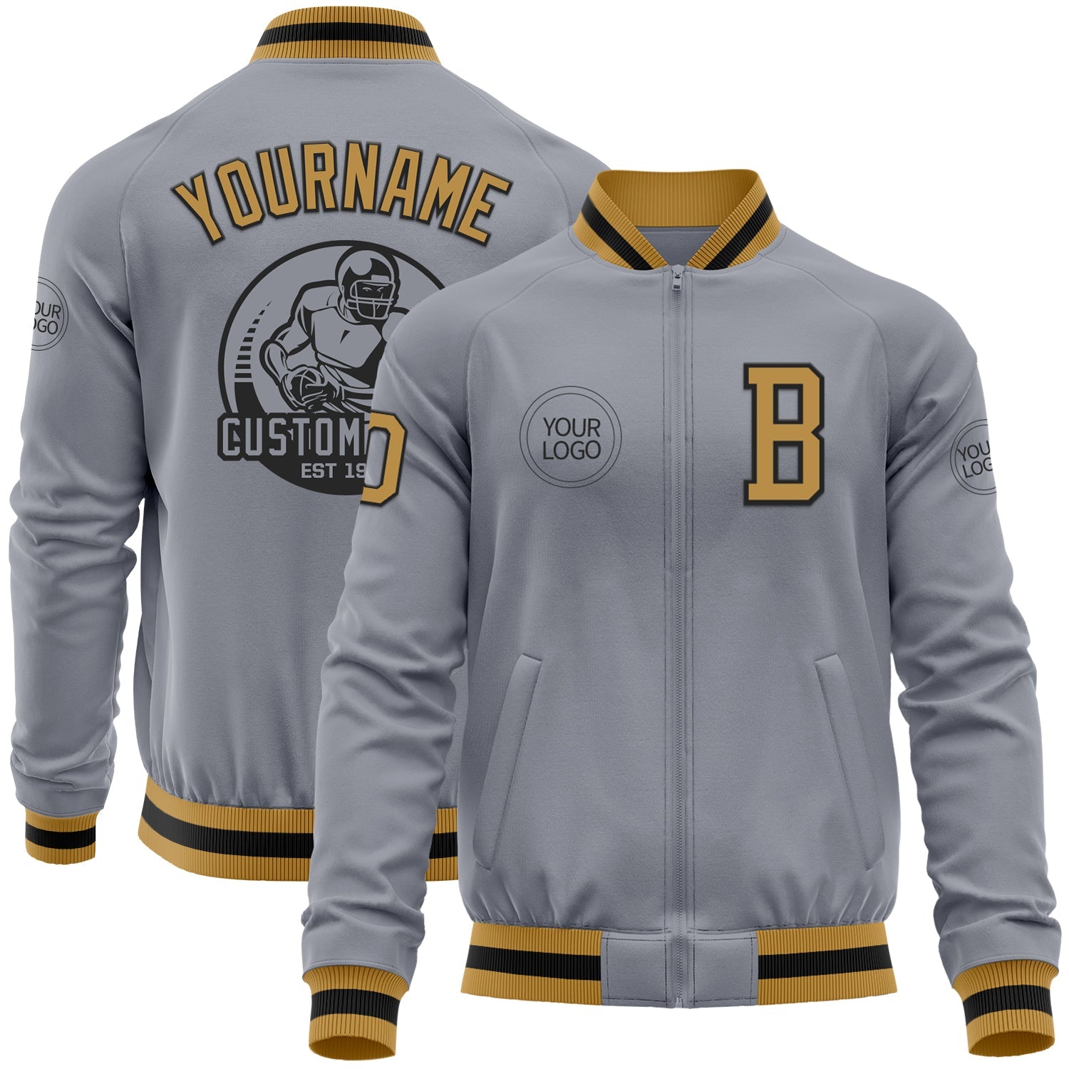 Custom Gray Old Gold-Black Bomber Varsity Letterman Zipper Jacket - Main View