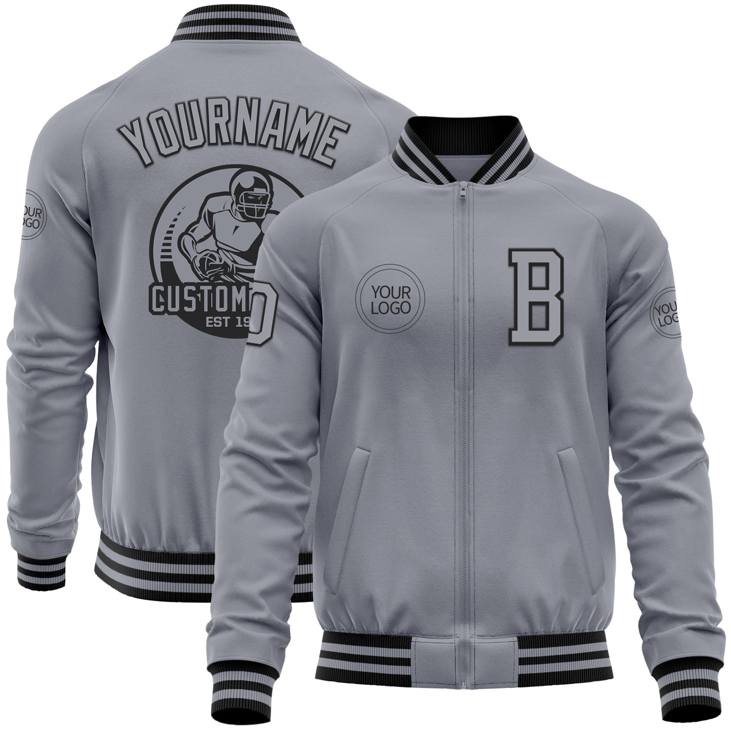 Custom Gray Black Bomber Varsity Letterman Zipper Jacket - Main View