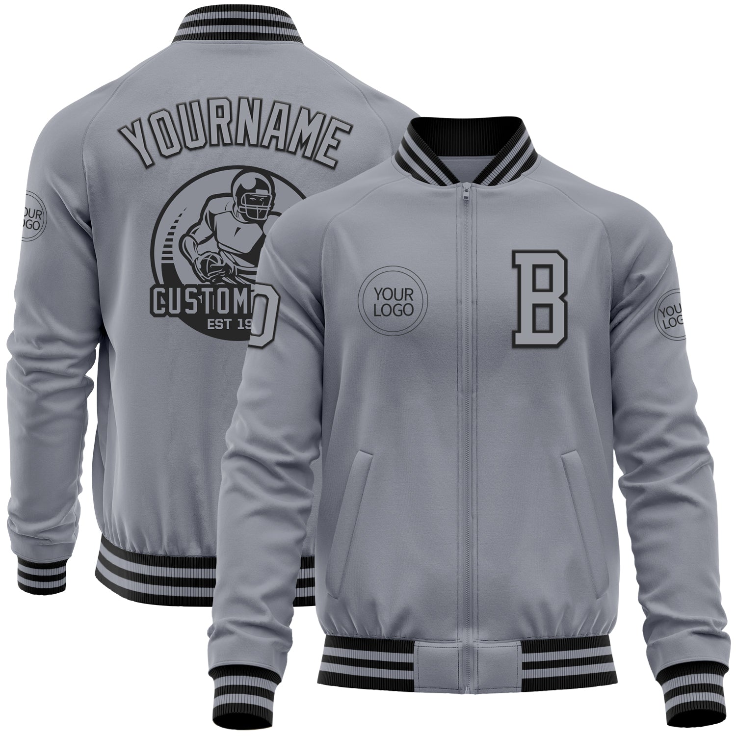 Custom Gray Black Bomber Varsity Letterman Zipper Jacket - Main View