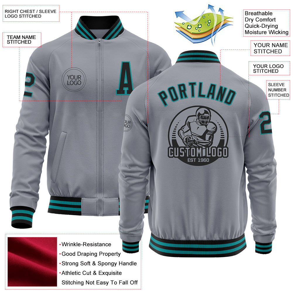Custom Gray Black-Teal Bomber Varsity Letterman Zipper Jacket view 4