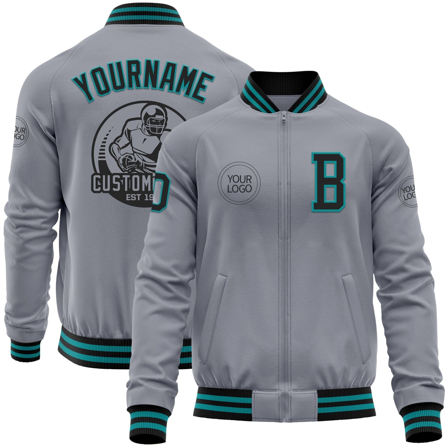 Custom Gray Black-Teal Bomber Varsity Letterman Zipper Jacket - Main View